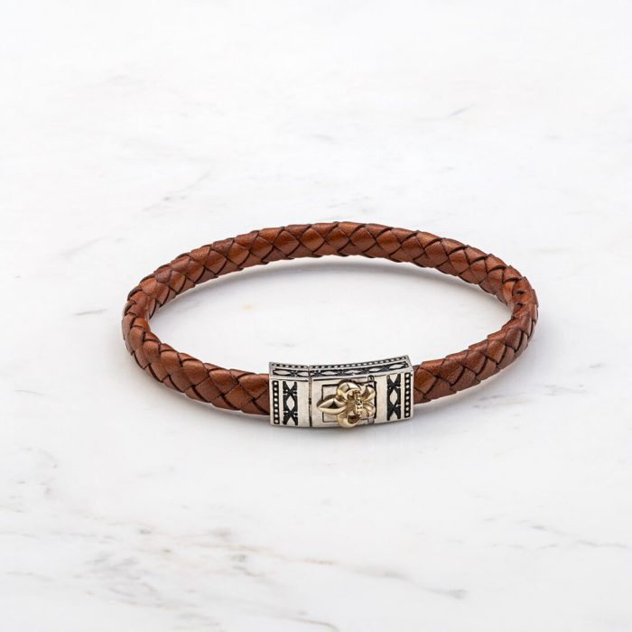 Fleur De-lis Brown Leather Bracelet - Sterling Silver & K14 Gold - Image 1