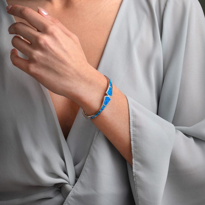 925 Sterling Silver - Blue Opal Bangle Bracelet - Image 2