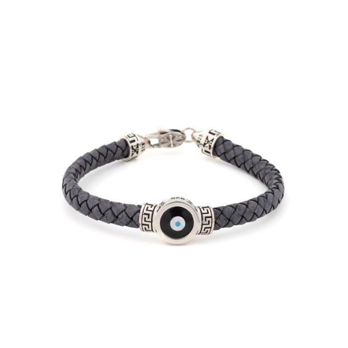 Evil Eye Leather Bracelet with Greek Key - 925 Sterling Silver - Image 1