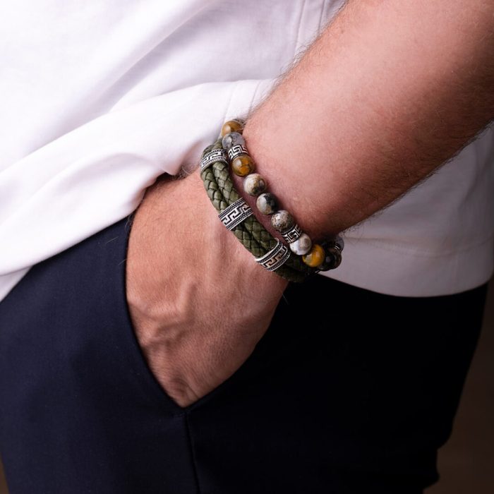 Greek key Leather Bracelet - Sterling Silver - Image 4