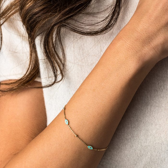 Evil Eyes Chain Bracelet - 14K Yellow Gold and Turquoise Enamel - Image 3
