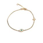 Evil Eye Chain Bracelet with Cross - 14K Yellow Gold and White Enamel