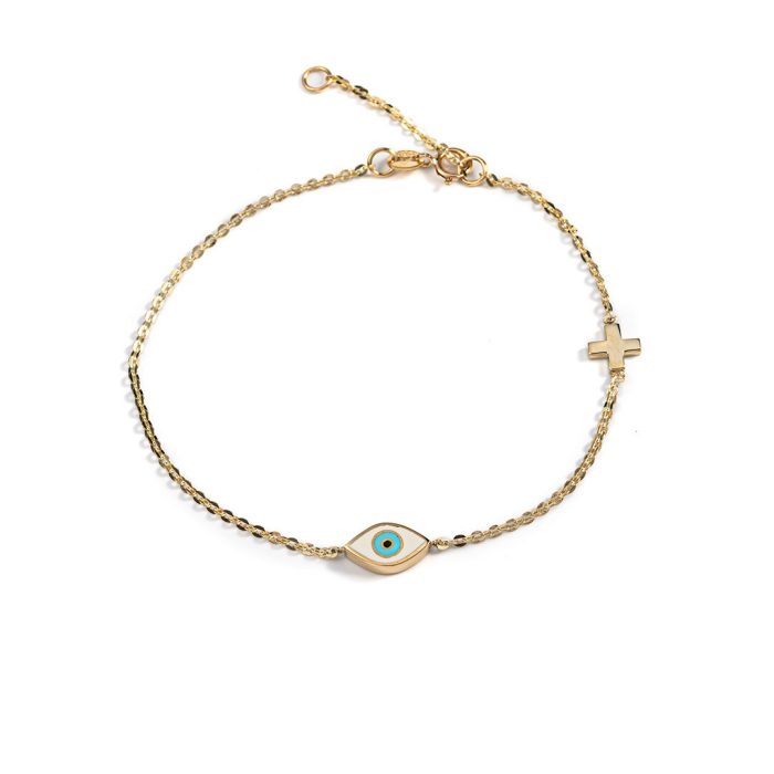 Evil Eye Chain Bracelet with Cross - 14K Yellow Gold and White Enamel - Image 1