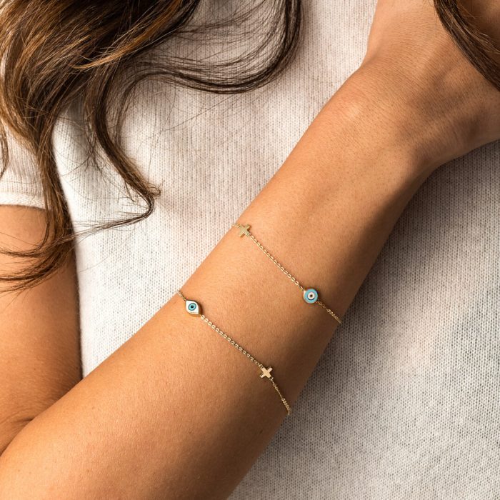 Evil Eye Chain Bracelet with Cross - 14K Yellow Gold and White Enamel - Image 2