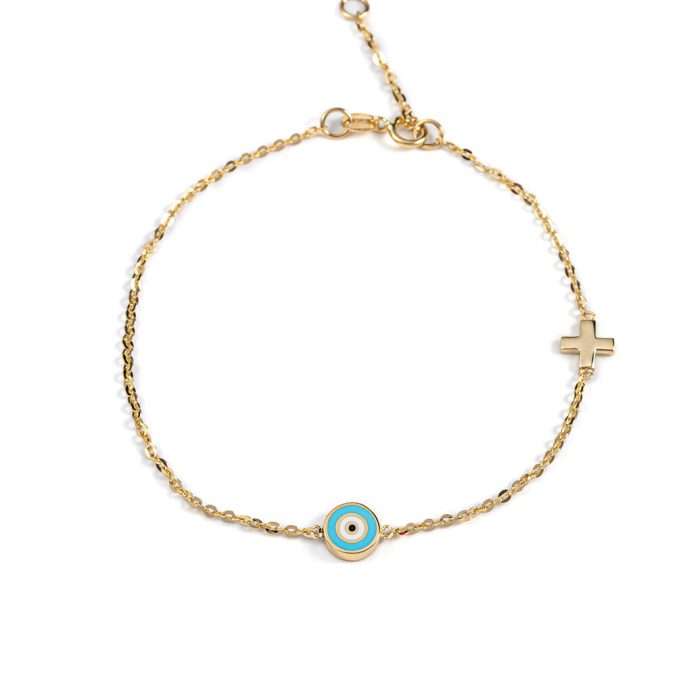 Evil Eye Chain Bracelet with Cross - 14K Yellow Gold and Enamel - Image 1