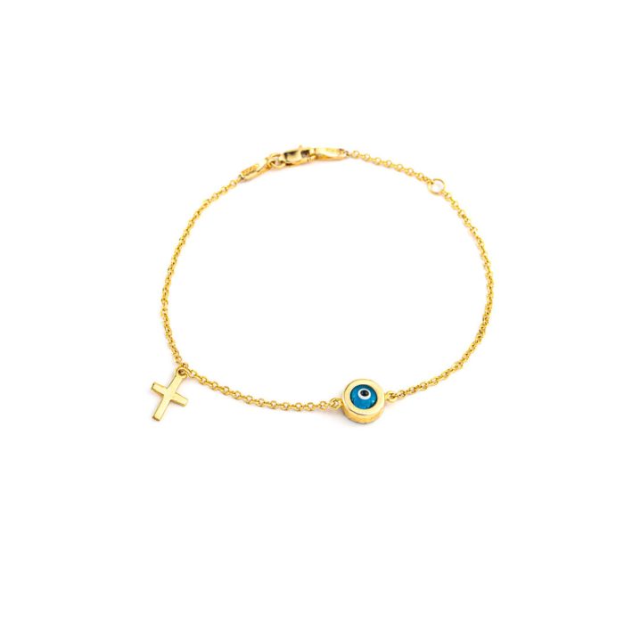 9K Yellow Gold Eye Zircon Bracelet with Cross - Image 2