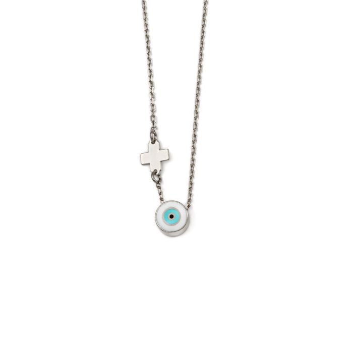 White Round Eye Necklace with Cross - Sterling Silver - Image 1