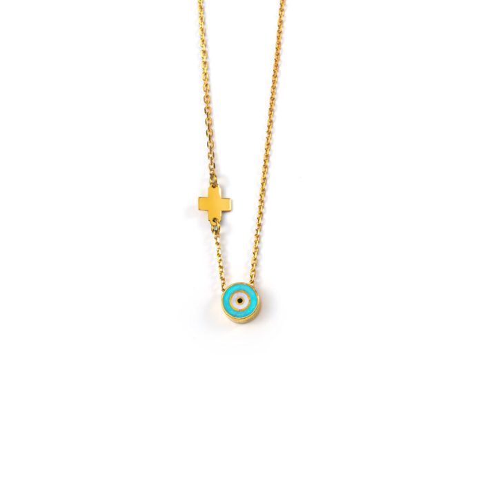 Turquoise Round Evil Eye Necklace with Cross - Sterling Silver and Gold Plated - Image 1