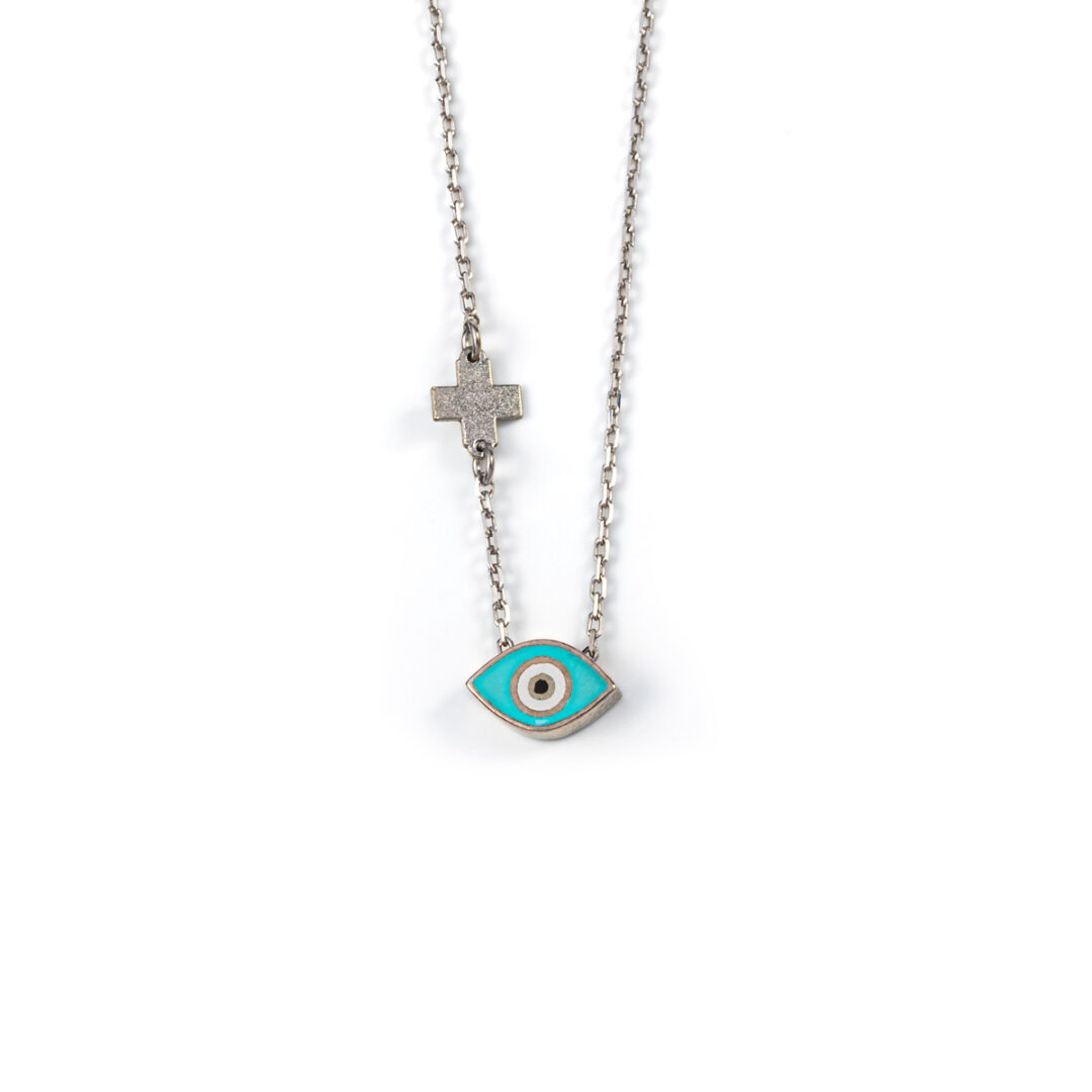 AL-BR-04250010-ALE12 Evil Eye Turquoise Enamel Necklace with Cross - Sterling Silver - Image 1