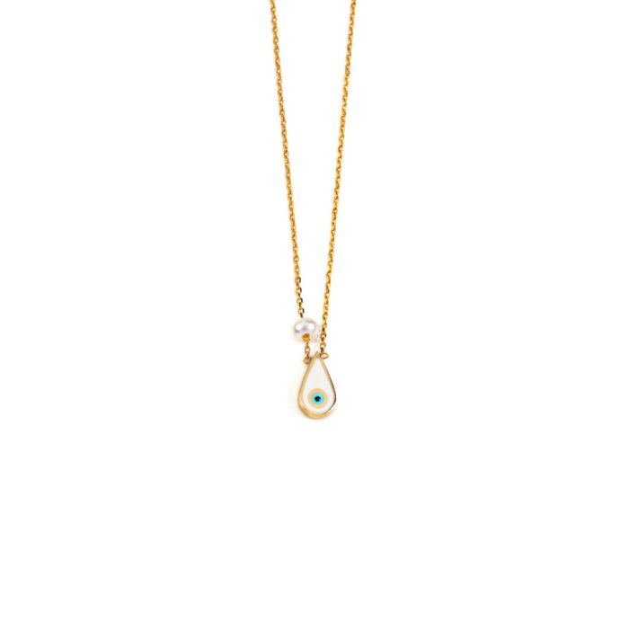 Evil Eye Tear Drop Necklace with Pearl – 14K Yellow Gold with Blue Enamel - Image 4