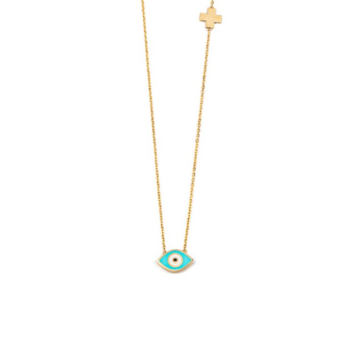Evil Eye Necklace with Cross - 14K Yellow Gold with Enamel - Image 1