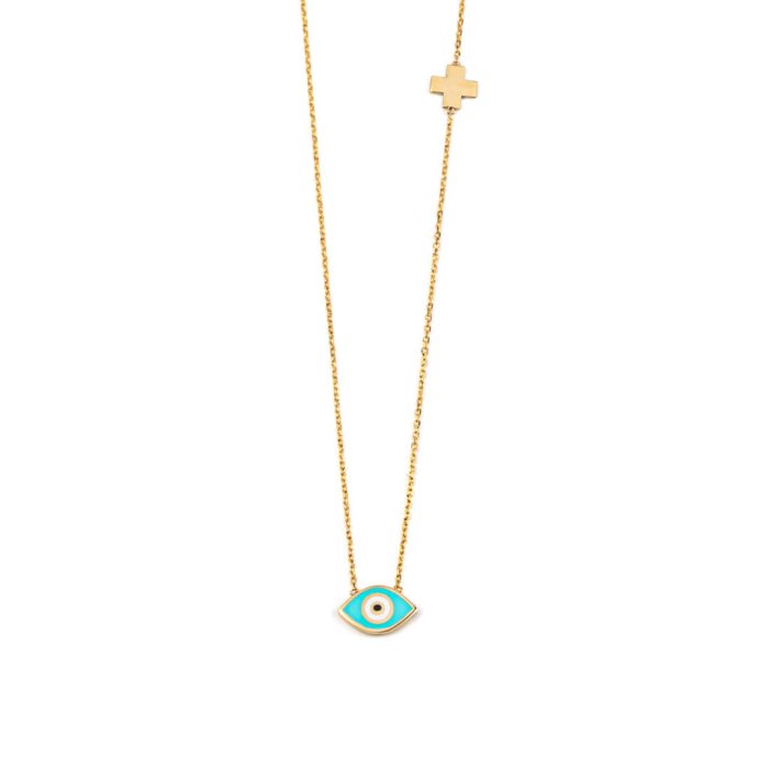 Evil Eye Necklace with Cross - 14K Yellow Gold with Enamel - Image 3