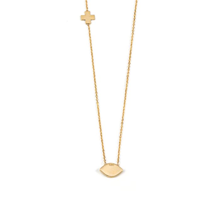 Evil Eye Necklace with Cross - 14K Yellow Gold with Enamel - Image 4