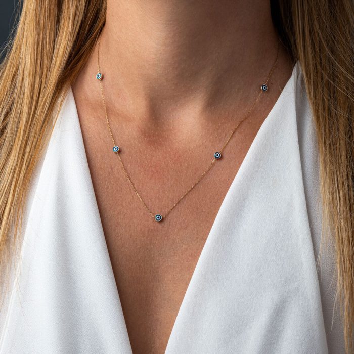 Blue Evil Eyes Necklace- 14K Gold - Image 2