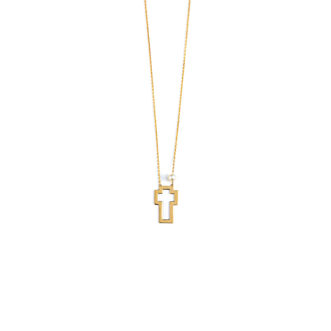 AL-NE-DIM-1379Y Open Cross Necklace with Pearl - 14K Yellow Gold - Image 1