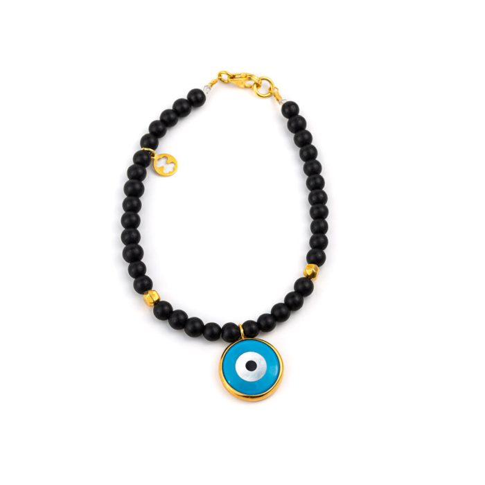 Black Onyx Bracelet with Evil Eye - Silver and Gold Plated - Image 1