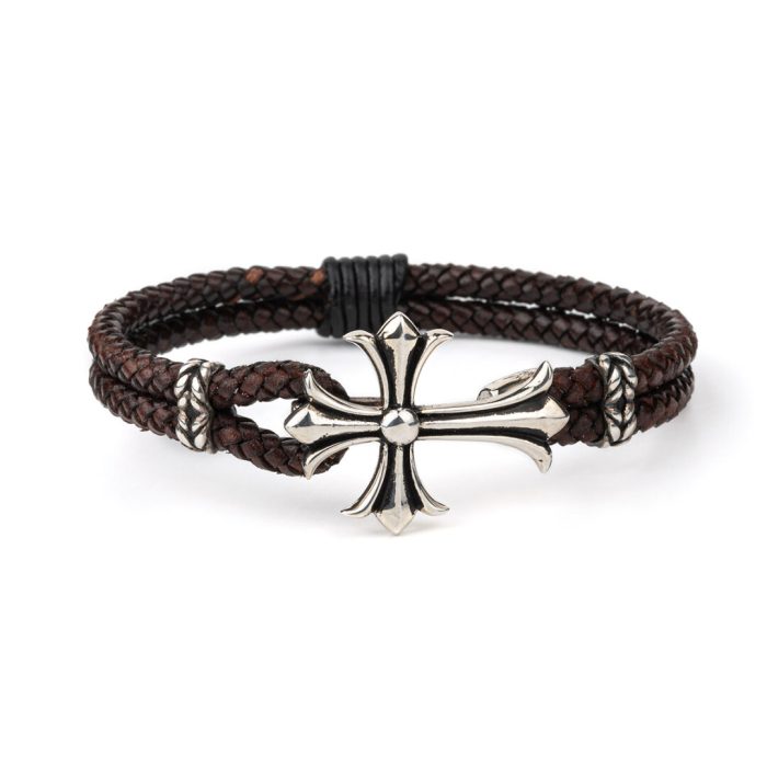 Cross Leather Bracelet – 925 Sterling Silver - Image 1
