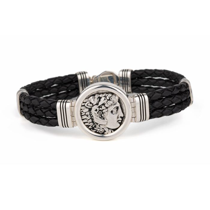 Alexander the Great Black Leather Bracelet – 925 Sterling Silver - Image 1