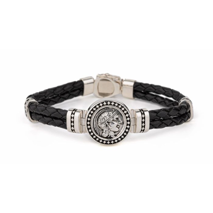 Athena Black Leather Chain Bracelet – 925 Sterling Silver - Image 1