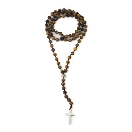 Rosary Necklace with Tiger Eye Beads - 925 Sterling Silver