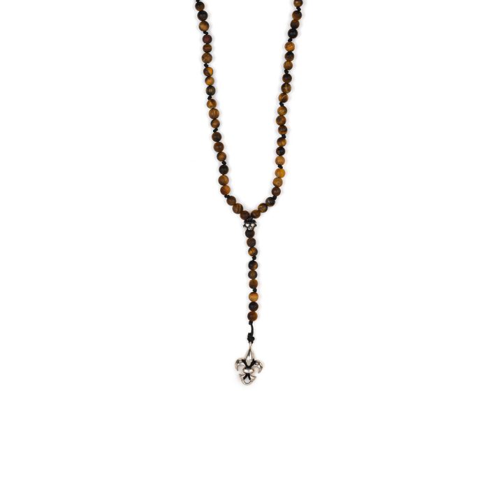 Fleurs De Lis Rosary Necklace with Tiger Eye Beads - 925 Sterling Silver - Image 1
