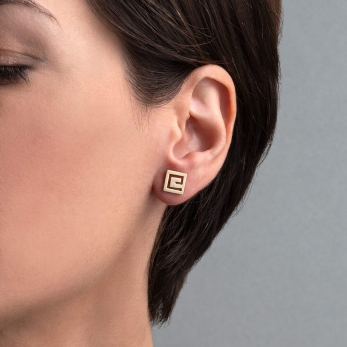 14k Gold Greek Key Meander Stud Earrings - Image 2