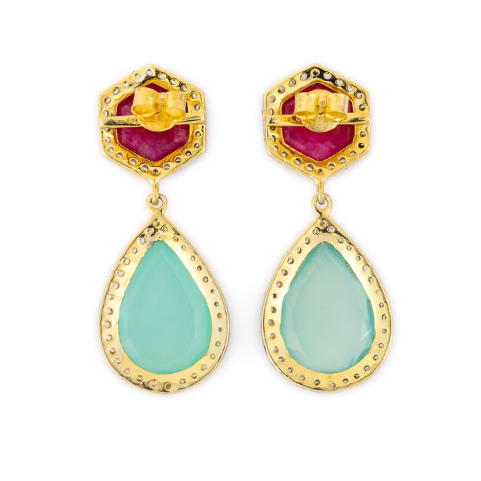 Sterling Silver Gold Plated ~ Earrings with Rubinite and Aqua Chalcedony stone - Image 3