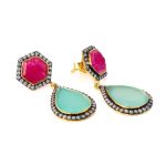 Sterling Silver Gold Plated ~ Earrings with Rubinite and Aqua Chalcedony stone - Image 2