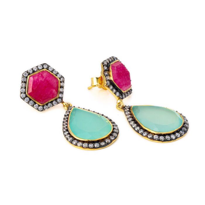 Sterling Silver Gold Plated ~ Earrings with Rubinite and Aqua Chalcedony stone - Image 2