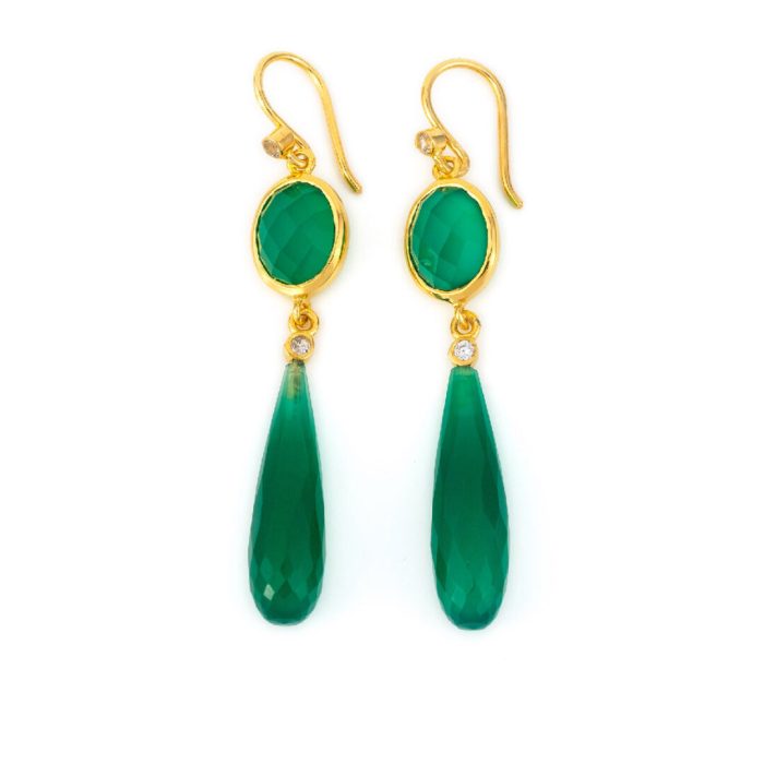 Green Chalcedony Dangle Earrings - Sterling Silver and Gold Plated - Image 1