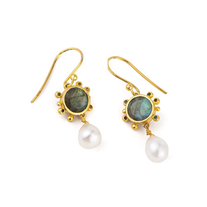 Labradorite Hook Earrings - 925 Sterling Silver and Gold Plated - Image 1