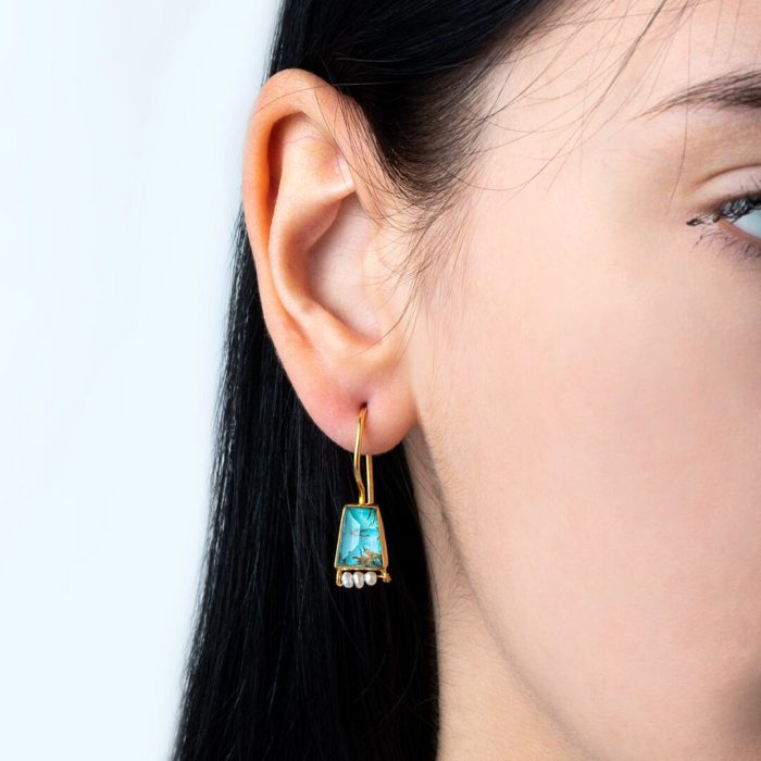 Turquoise copper and Pearl Earrings - 925 Sterling Silver and Gold Plated - Image 2