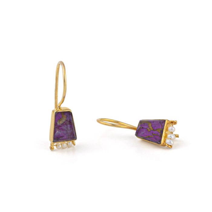 Purple Copper and Pearl Earrings - 925 Sterling Silver and Gold Plated - Image 1