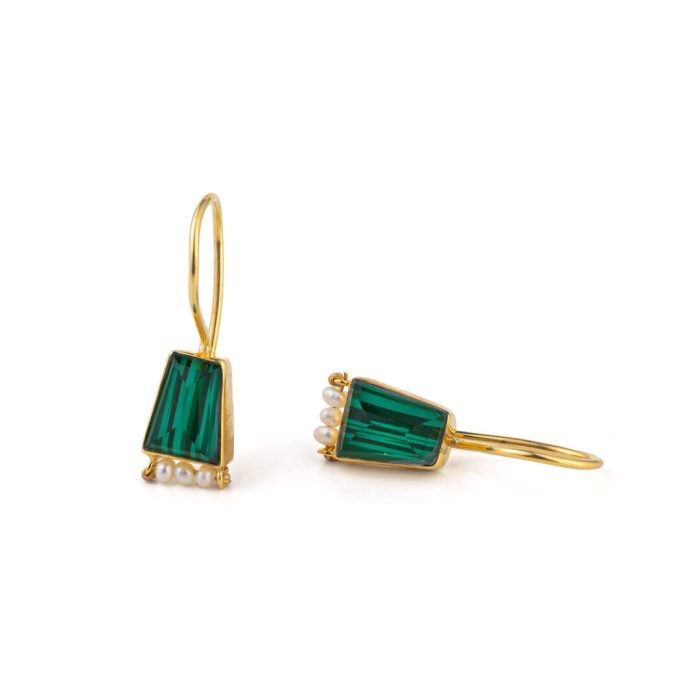 Malachite and Pearl Earrings - 925 Sterling Silver and Gold Plated - Image 1