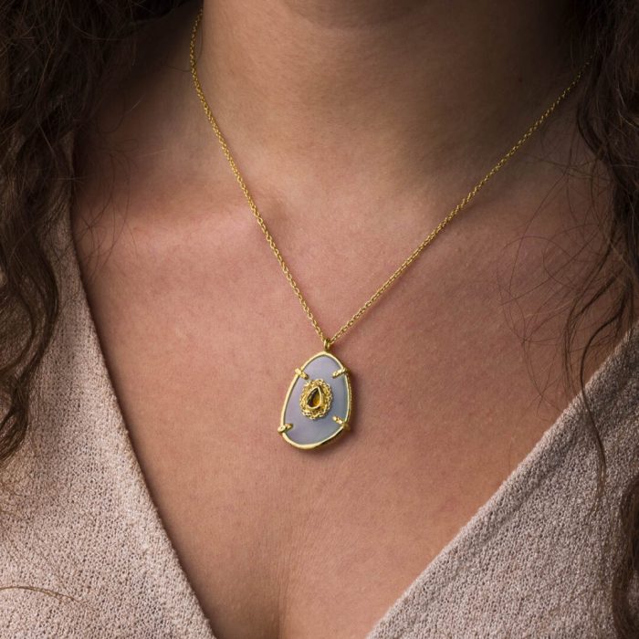 Aqua Chalcedony Stone Necklace - Sterling Silver and Gold Plated - Image 2