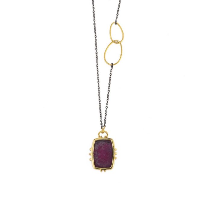 Doublet Ruby Necklace with Oxidized Chain - Sterling Silver and Gold Plated - Image 2