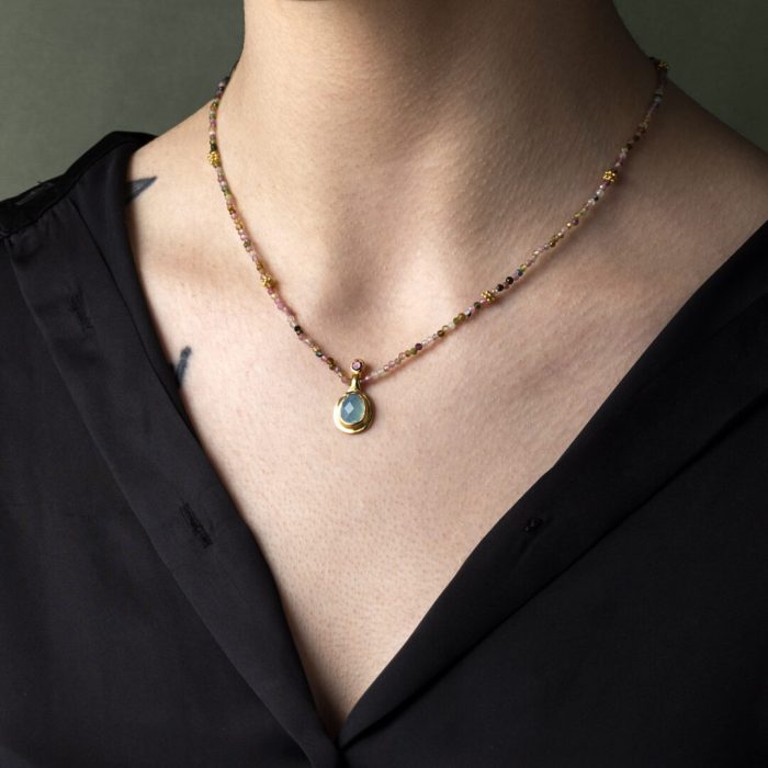 Aqua Chalcedony and Tourmaline Necklace - 925 Sterling Silver and Gold Plated - Image 2