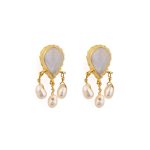 Moonstone and Pearl Dangle Earrings - 925 Sterling Silver and Gold Plated