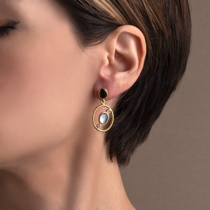 Peridot and Garnet Circle Earrings with Zircon - 925 Sterling Silver and Gold Plated - Image 2