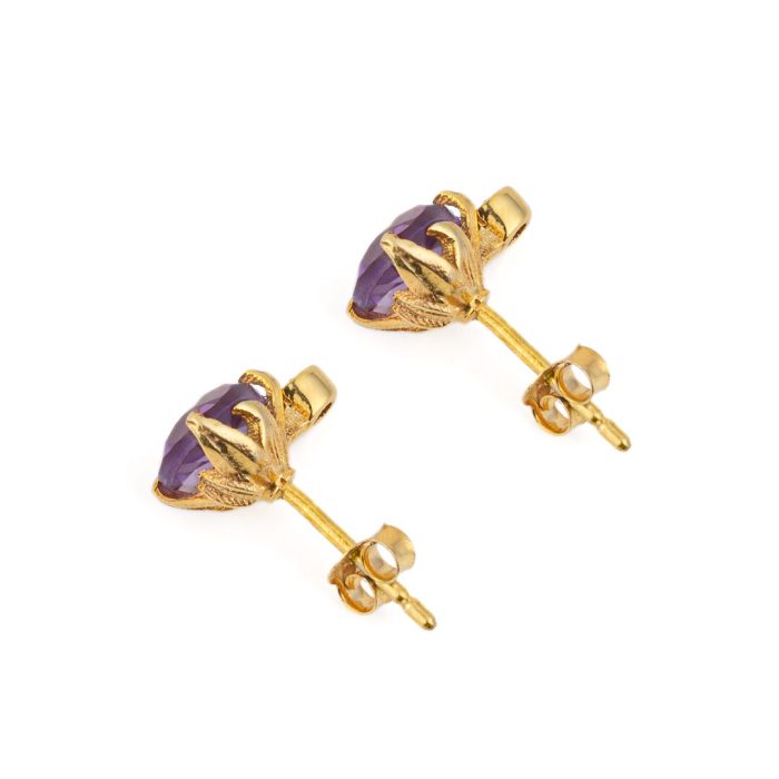 Amethyst Zircon Stud Earrings - 925 Sterling Silver and Gold Plated - Image 2