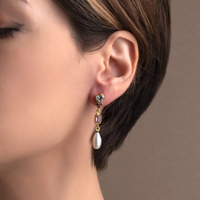 Blue Topaz Amethyst Pearl Dangle Earrings - 925 Sterling Silver and Gold Plated - Image 2