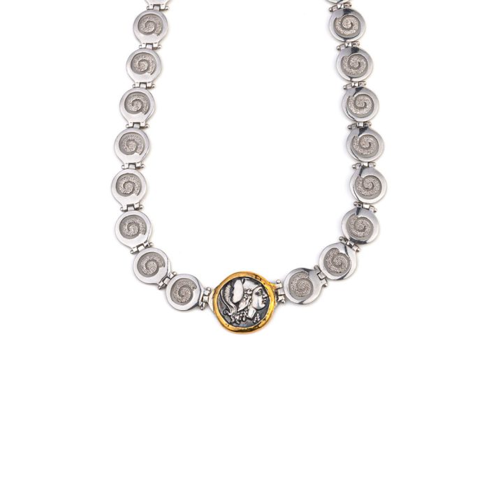 Athena Greek Coin Spiral Necklace - Sterling Silver and Gold - Image 1
