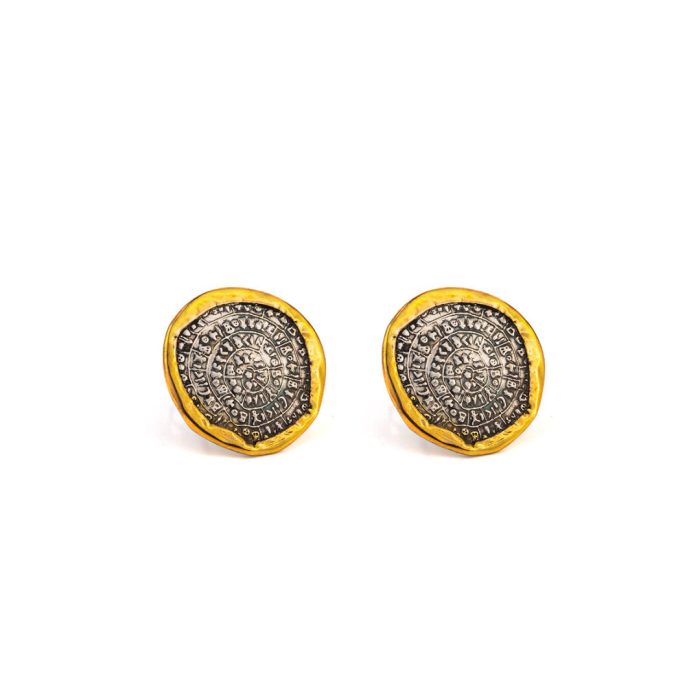 Phaistos Disc Earrings  – 925 Sterling Silver and 14K Gold - Image 1