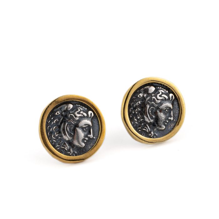 Hercules Coin Stud Earrings - 925 Sterling Silver and Gold Plated - Image 1