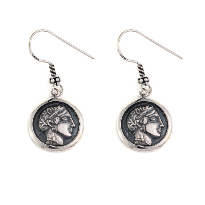 Goddess Athena Coin Earrings - 925 Sterling Silver - Image 1