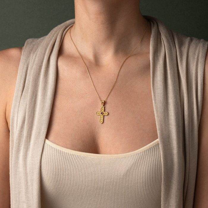 Byzantine Cross - 925 Sterling Silver Gold Plated with Zircon - Image 2