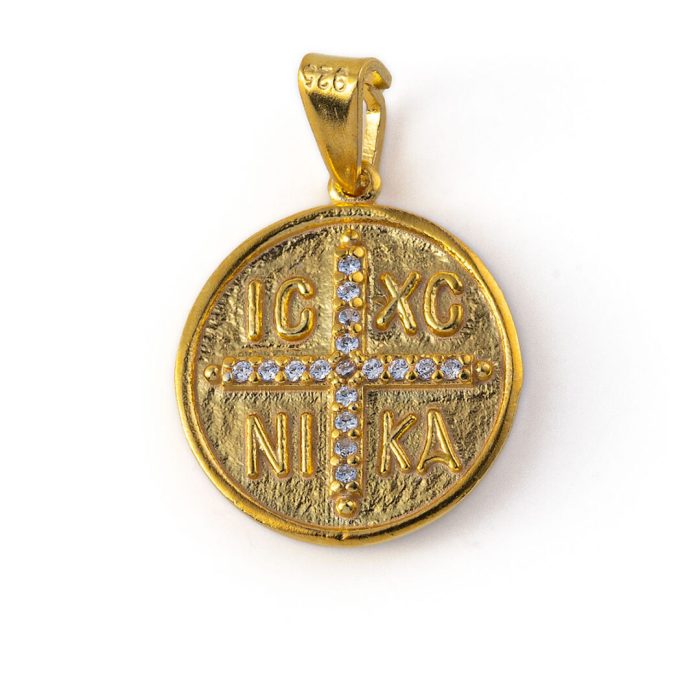Constantinato Cross Pendant with White Zircon - Sterling Silver Gold Plated - Image 1