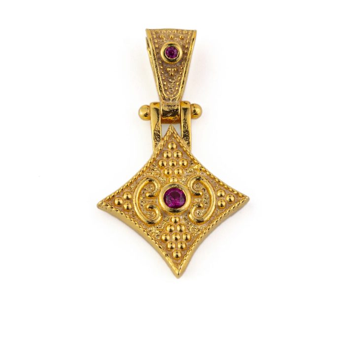 Byzantine Rhombus Pendant - 925 Sterling Silver Gold Plated Zircon - Image 1