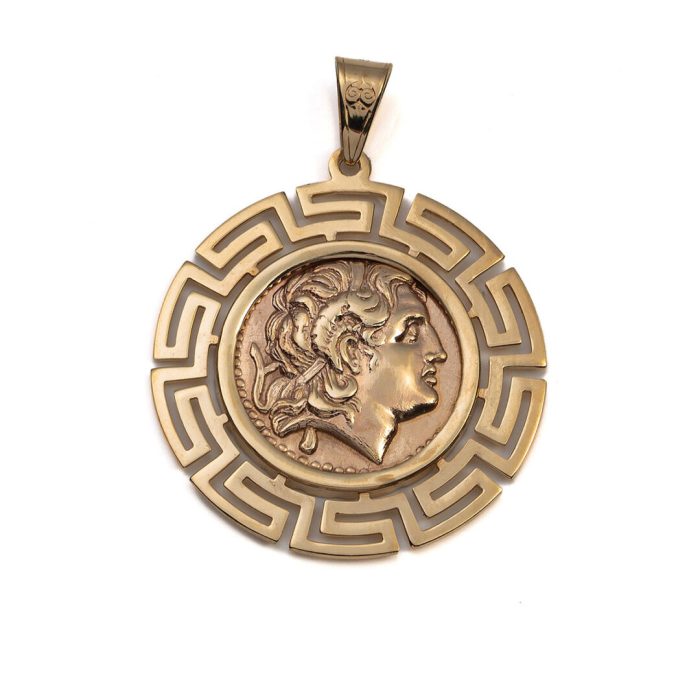 Alexander the Great 14K Gold Coin Pendant Meander Bezel - Image 1
