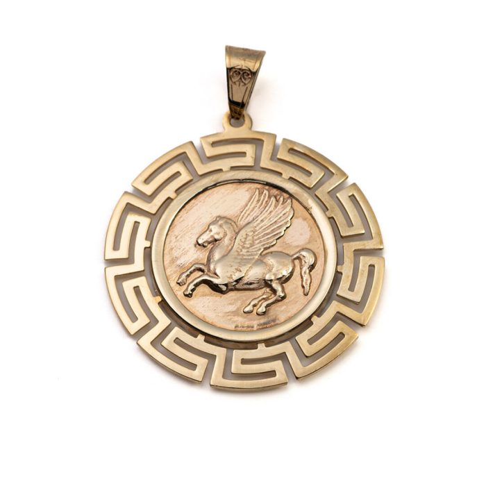 Pegasus Coin Pendant Meander Bezel 14K Gold - Image 1